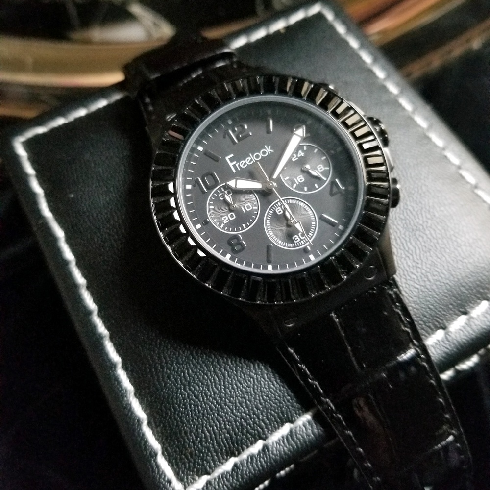 Women's Black Chronograph Leather-Strap Watch